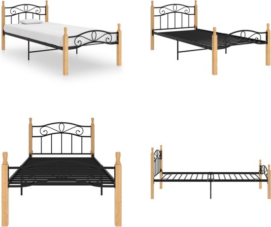 vidaXL Bedframe metaal en massief eikenhout zwart 100x200 cm - Bedframe - Bedframes - Bed - Bedden