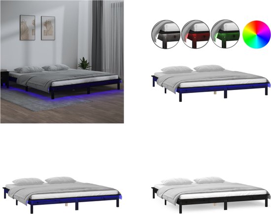 vidaXL Bedframe LED massief hout zwart 140x190 cm - Bedframe - Bedframes - Slaapkamermeubel - Bedbasis