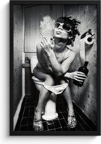 Cadre photo avec affiche - Décoration de chambre esthétique - Femme - Vintage - Bigoudis - Toilettes - Cigarette - Zwart et blanc - 40x60 cm - Cadre pour affiche