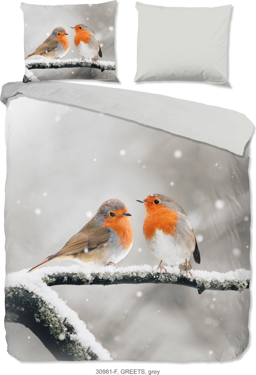 Good Morning dekbedovertrek roodborst vogels in de sneeuw - 2 persoons 200x200/220 cm - Grijs - 100% Katoen flanel