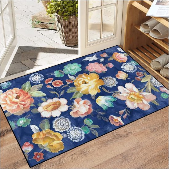 Deurmat met bloemenmotief binnen vuilvangmat antislip deurmat wasbaar entreetapijt voordeur dunne deurmat voor entree, hal, tuin, huisdier, blauw 60 x 90 cm