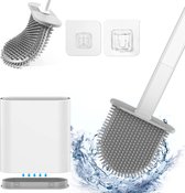 Toiletborstel met vlakke, witte siliconen borstel, wc-borstel voor badkamer met sneldrogende houder, dubbelzijdige wandmontage zonder boren, zonder boren