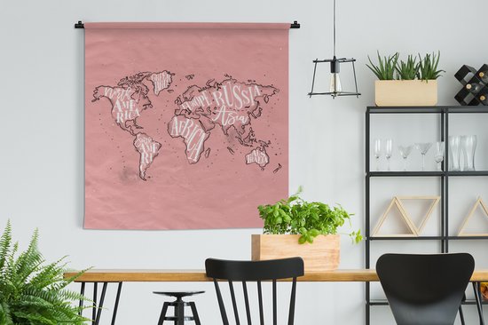 Tapisserie - Toile murale - Wereldkaart - Rose - Wit - Lettres - 150x150 cm - Tapisserie