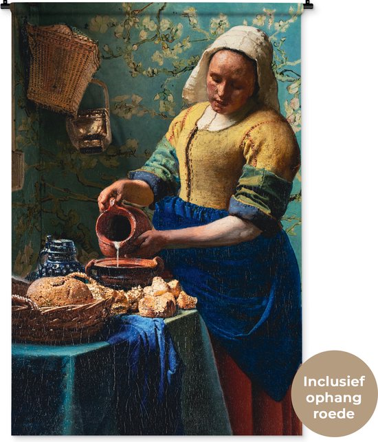 Wandkleed - Wanddoek - Melkmeisje - Amandelbloesem - Van Gogh - Vermeer - Schilderij - Oude meesters - 120x180 cm - Wandtapijt