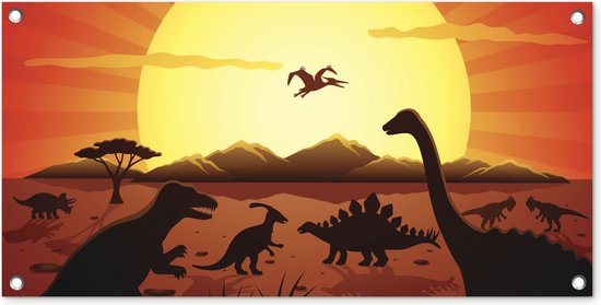 Tuinposter Dino - Zon - Natuur - Tekening - Kinderen - Jongens - 80x40 cm - Wanddecoratie Buiten - Tuinposter - Tuindoek - Schuttingposter - Tuinschilderij