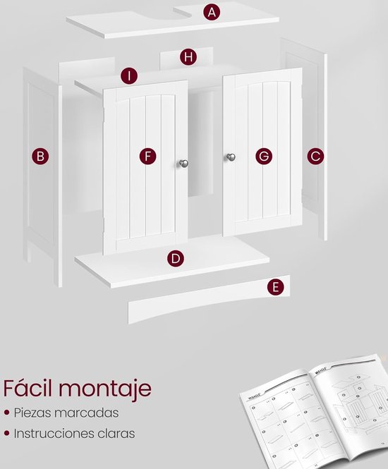 Wastafel Onderkast Met Sifon Uitsparing - Badkamer Wastafelkast Sifon Opberg Meubel Kast - Wit
