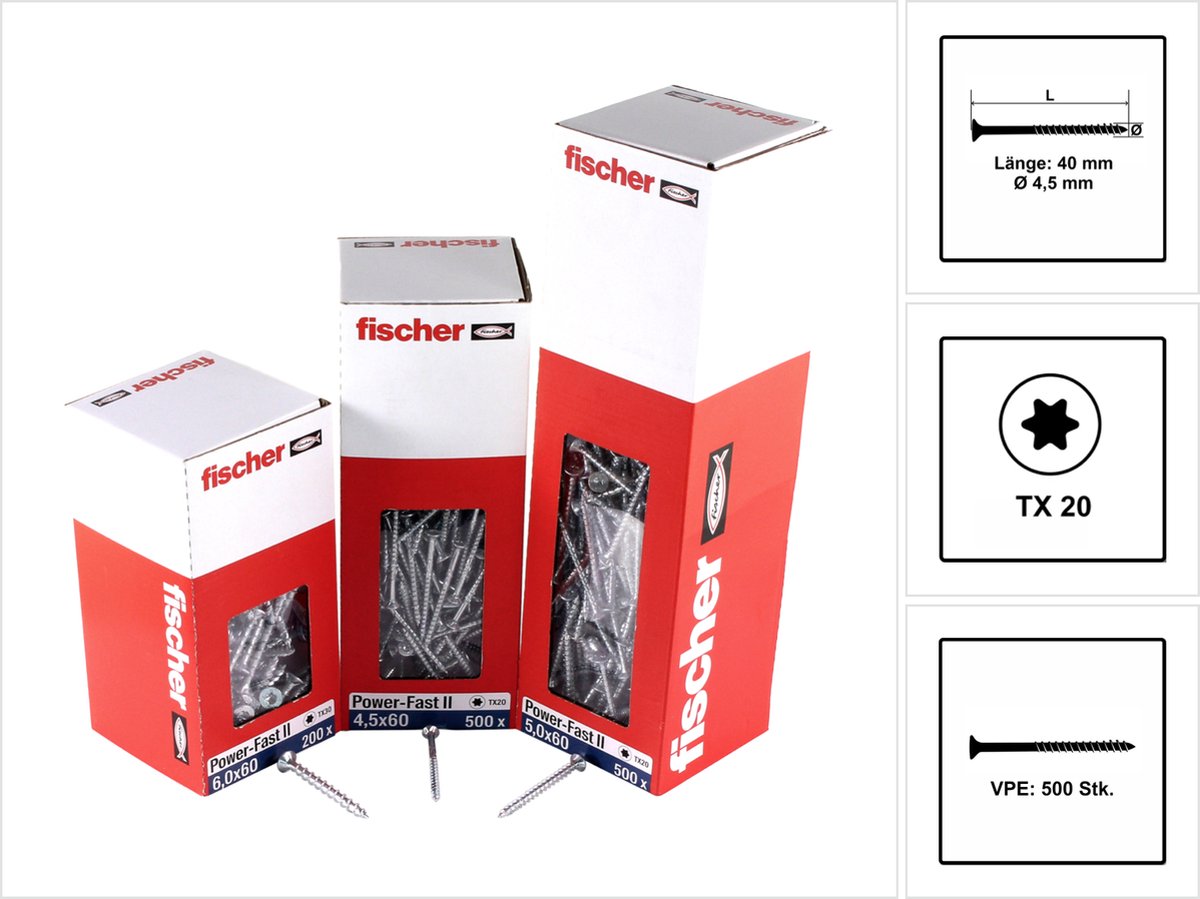 Fischer 500x Power-Fast II FPF II CTP 4,5 x 40 mm BC verzonken kop met binnenzeskant TX20 deeldraad galvanisch verzinkt blauw gepassiveerd - 670269
