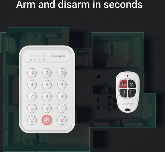 RoomBanker Smart Home Alarmsysteem - Station Kit (4G/WiFi/Internetkabel) - Met 4 bewegingssensoren, 4 magnetische antidiefstaldeursensoren, 2 sleutelhangers en 1 toetsenbord - Ondersteuning voor meerdere protocollen (RBF/Zigbee/Bluetooth).