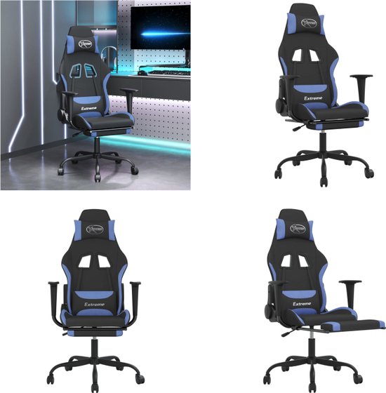 vidaXL Massage gamestoel met voetensteun stof zwart en blauw - Gamingstoel - Gamingstoelen - Televisiestoel - Racingstoel