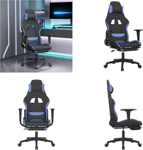 vidaXL Massage gamestoel met voetensteun stof zwart en blauw - Gamingstoel - Gamingstoelen - Televisiestoel - Racingstoel