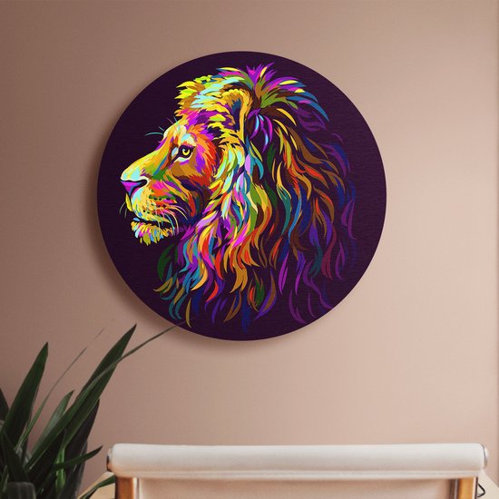 Artaza Forex Muurcirkel Gekleurde Leeuw - Leeuwenkop - Abstract - 70x70 cm - Wandcirkel - Rond Schilderij - Wanddecoratie Cirkel - Muurdecoratie