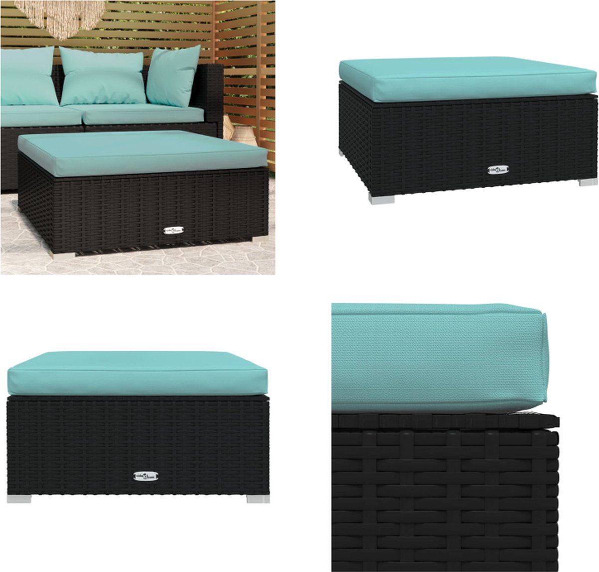 VidaXL Tuinvoetenbank met kussen 70x70x30 cm poly rattan zwart Tuinvoetenbank Tuinvoetenbanken Voetensteun Voetenbank