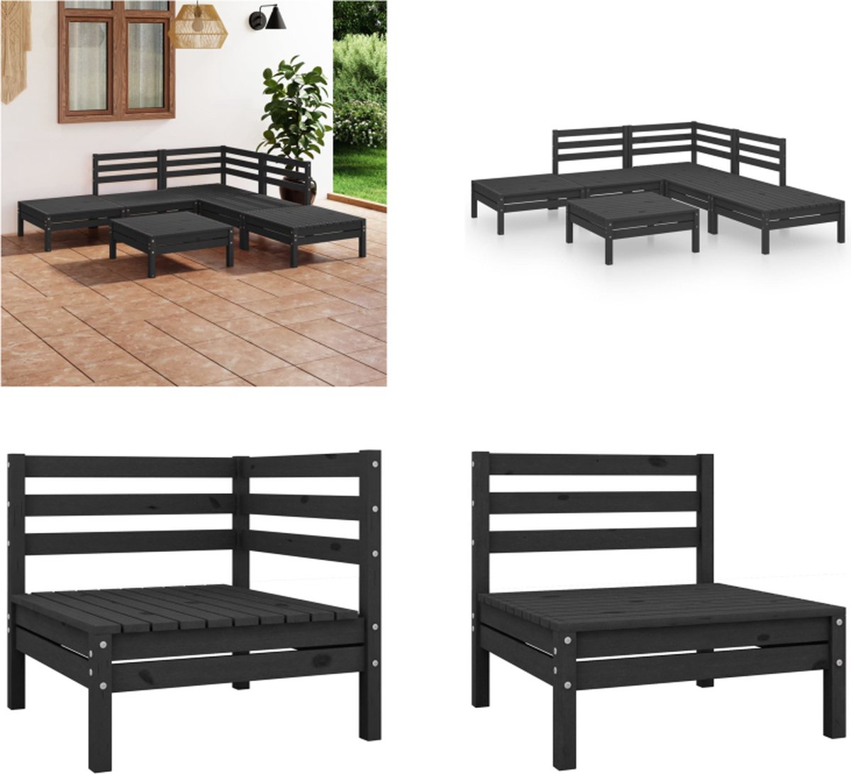 VidaXL 6-delige Loungeset massief grenenhout zwart Loungeset Loungesets Tuinset Tuinsets