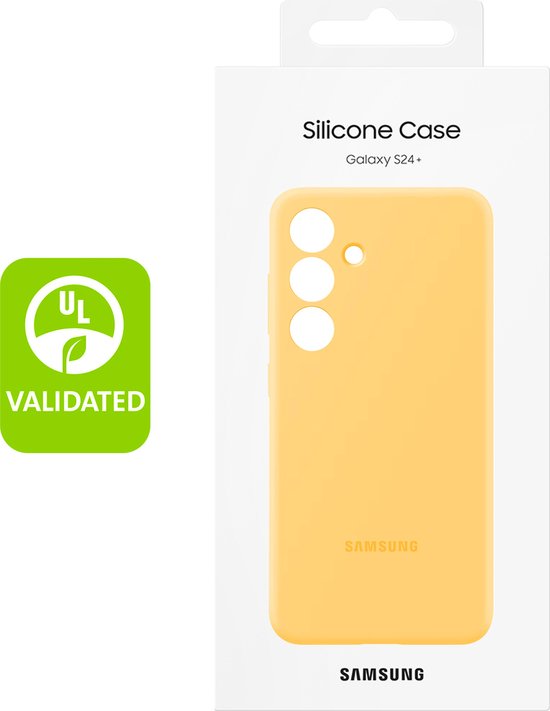 Gele Samsung siliconen hoes voor Galaxy S24+, met UL Validated logo.