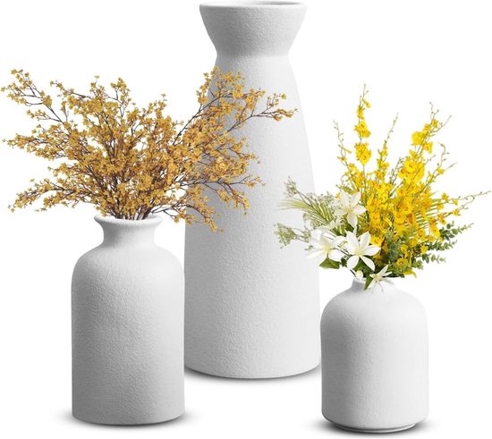 Vaas wit, set van 3 keramische vazen voor pampasgras, droogbloemen, verse bloemen, bloemenvaas, decoratie voor woonkamer, slaapkamer, tafel, kantoor, eettafel, boho Nordic minimalistische