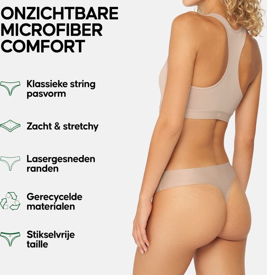 Onzichtbare microfiber comfort string. Zacht, stretchy, lasergesneden randen, gerecyclede materialen, naadloze taille.