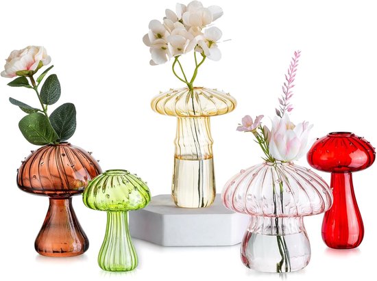 Paddenstoelvormige glazen vaas, decoratieve vaas, kleurrijk, 5-delige set, bloemenvaas, modern, kleine vazen voor tafeldecoratie, paddenstoelvazen, glas, propagatiestation voor slaapkamer