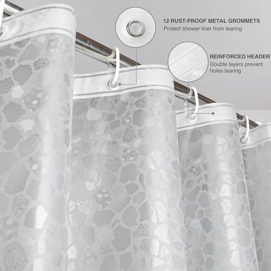 WELTRXE Rideau de Douche Anti-moisissure 180 x 180 cm EVA Imperméable avec 12 Anneaux et Poids Inférieur Magnétique, Rideau de Bain Semi-Transparent, Effet Verre Opaque, pour Baignoire