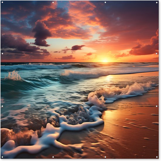 Tuin poster Zonsondergang - Strand - Zee - Golfen - 200x200 cm - Tuindoek - Buitenposter