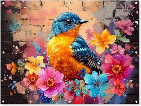 Tuinposter 120x90 cm - Tuindecoratie - Graffiti - Vogel - Bloemen - Streetart - Poster voor in de tuin - Buiten decoratie - Schutting tuinschilderij - Muurdecoratie - Buitenschilderijen - Tuindoek - Buitenposter..