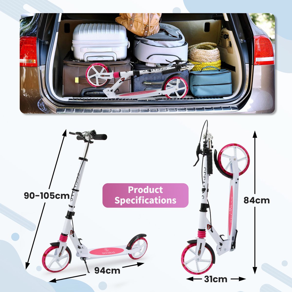 Sefaras Step voor Volwassenen - Kinderstep met Rem - Opvouwbaar - Autoped - Max 110KG - Vering - Met grote wielen - Roze — afbeelding 3