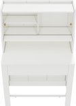 Witte uittrekbare tafel met opbergvakken, op witte achtergrond.
