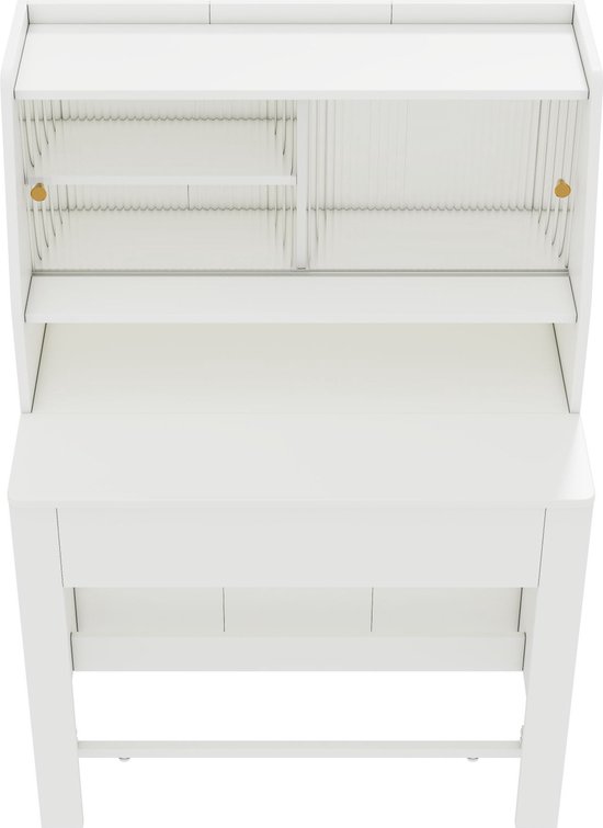 Witte uittrekbare tafel met opbergvakken, op witte achtergrond.