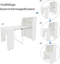 Illustratie van de verschillende configuraties van de witte uittrekbare tafel met opbergkast.