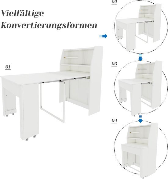Illustratie van de verschillende configuraties van de witte uittrekbare tafel met opbergkast.
