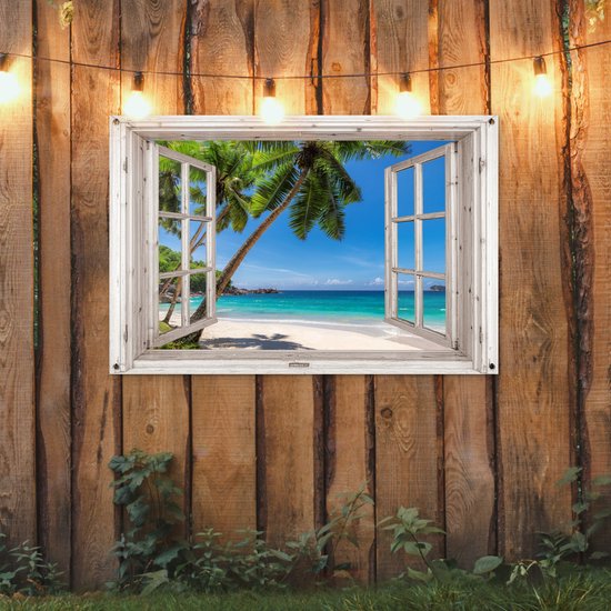 Poster de jardin palmier transparent - Décoration de jardin plage - 120x80 cm - Décoration murale pour extérieur - Décoration clôture mer - Poster extérieur - Toile de clôture - Toiles de jardin - Toile de Jardin - Poster balcon..