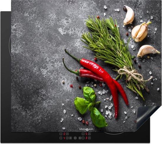 KitchenYeah® Inductie beschermer 60x52 cm - Kruiden - Beton print - Specerijen - Peper - Afdekplaat voor kookplaat - Inductieplaat mat - Beschermingsmat - Beschermplaat - Keuken bescherm decoratie - Afdek kookplaten