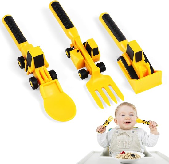Construction Bestekset voor kinderen, babybestek, kindervork en lepel, graafmachine-bestek, draagbare peuterbestekset 1-5 jaar, geel