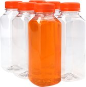 6x Sapfles Plastic 330 ml - Vierkant - PET Flessen met Dop, Sapflessen, Plastic Flesjes Navulbaar, Smoothie Sap Fles - Kunststof BPA-vrij - Rond - Set van 6 Stuks