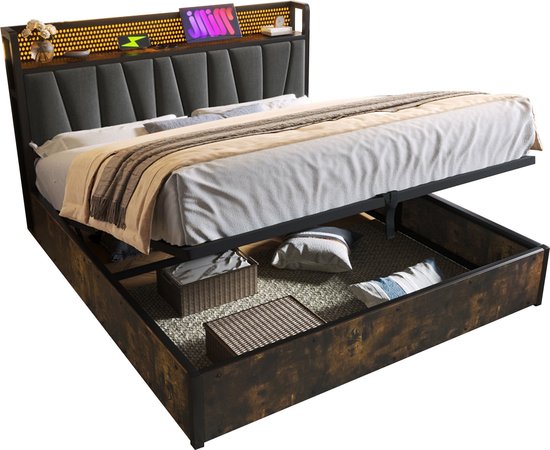 Merax Polsterbett Metallbett LED App-Control Doppelbett mit aufladen USB Ladefunktion Kopfteil und LED-Beleuchtung,Metallbett 180x200cm Lattenrost aus Holz, Grau (Ohne Matratze)