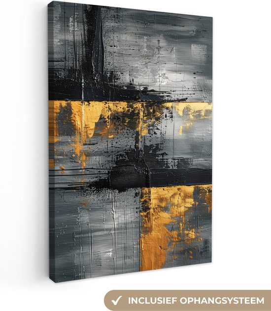 Canvas schilderij 40x60 cm - Wanddecoratie Modern - Goud - Grijs - Patroon - Muurdecoratie woonkamer - Kamer decoratie modern - Abstracte schilderijen