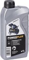 Fles Powerplus compressorolie 1L met een afbeelding van een zwarte compressor.