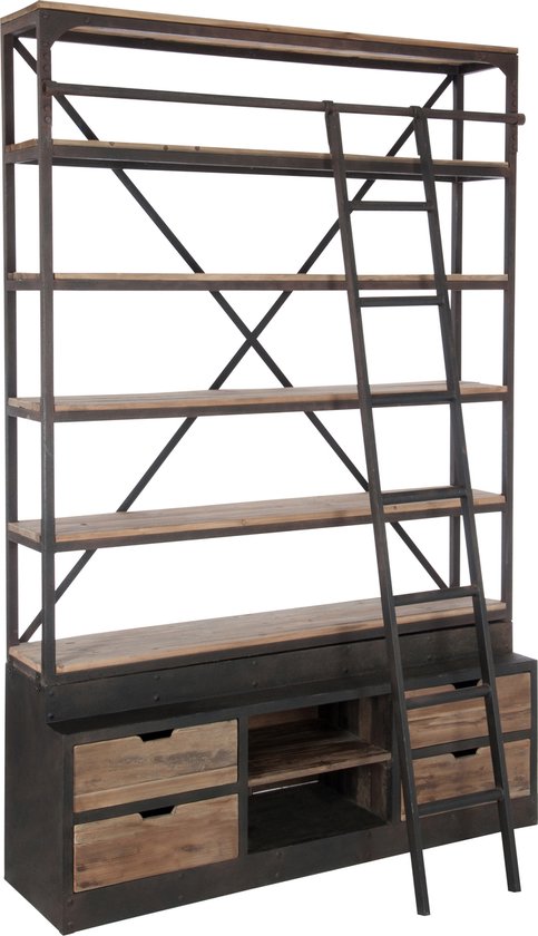 J-Line rek + ladder 4Schap - hout/metaal - naturel/bruin