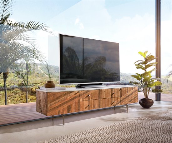 TV-meubel Bahan mango teak 175 cm 2 deuren 2 schuifladen marmeren blad wit
