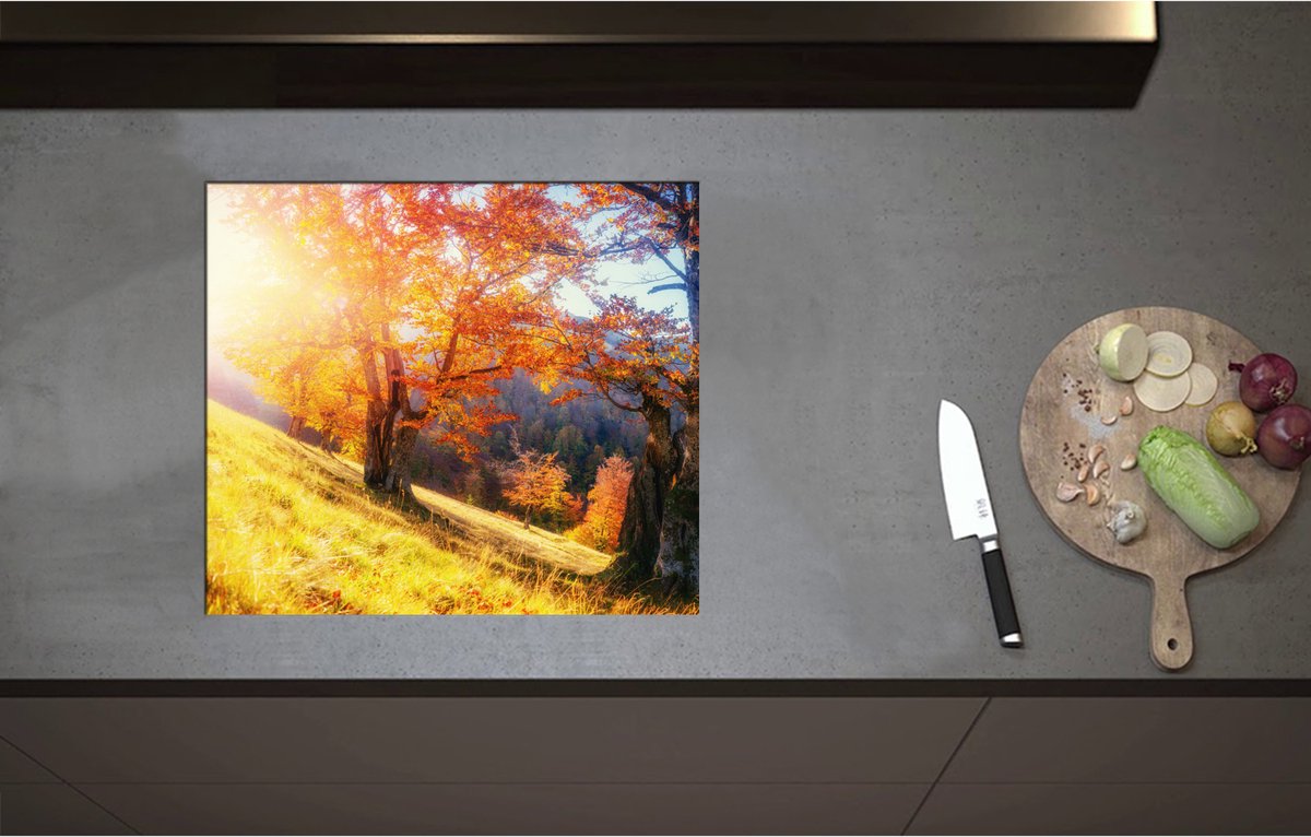 Inductieplaat Beschermer - Bomen op Rand van Berg in Herfst Tinten - 57x50 cm - 2 mm Dik - Inductie Beschermer - Bescherming Inductiekookplaat - Kookplaat Beschermer van Wit Vinyl