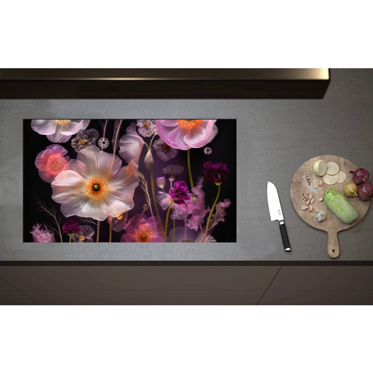 Inductieplaat Beschermer - Boeket van Roze Bloemen op Zwart Oppervlak - 85x50 cm - 2 mm Dik - Inductie Beschermer - Bescherming Inductiekookplaat - Kookplaat Beschermer van Zwart Vinyl
