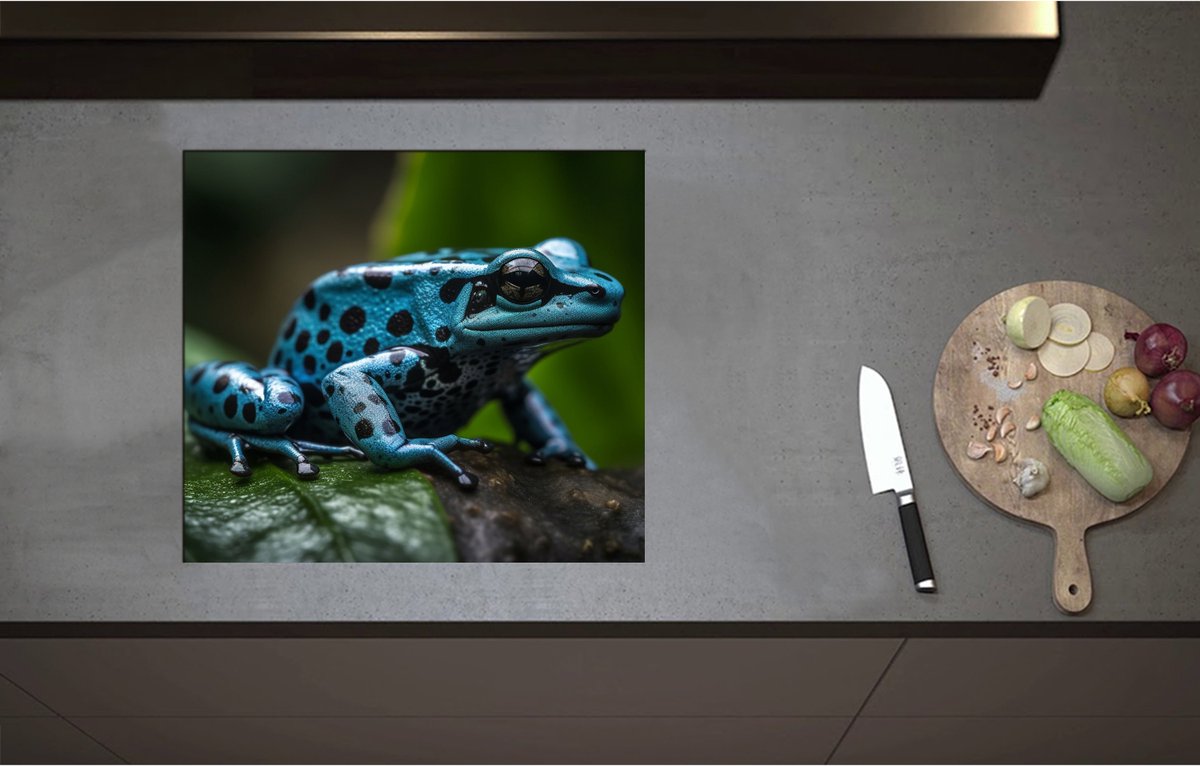 Inductieplaat Beschermer - Blauwe zwart gestipte gif kikker zit op blad - 58x52 cm - 2 mm Dik - Inductie Beschermer - Bescherming Inductiekookplaat - Kookplaat Beschermer van Zwart Vinyl