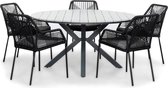 LUX outdoor living Cervo Grey/Seville zwart dining tuinset 6-delig | polywood + touw | 144cm rond | 5 personen