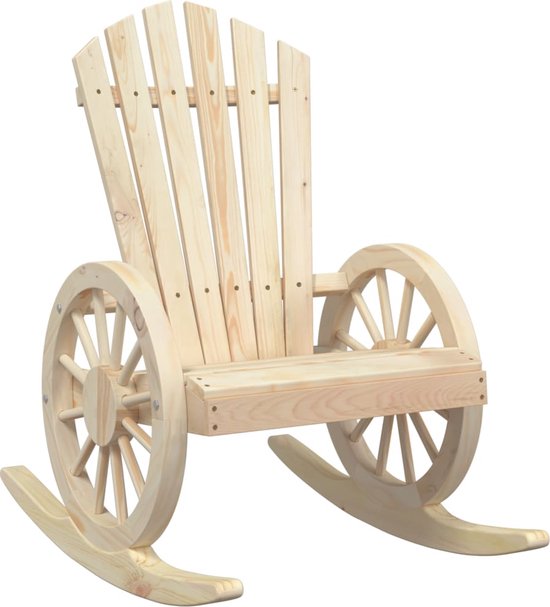 Houten schommelstoel in Adirondack-stijl met wagenwielmotief, met armleuningen.