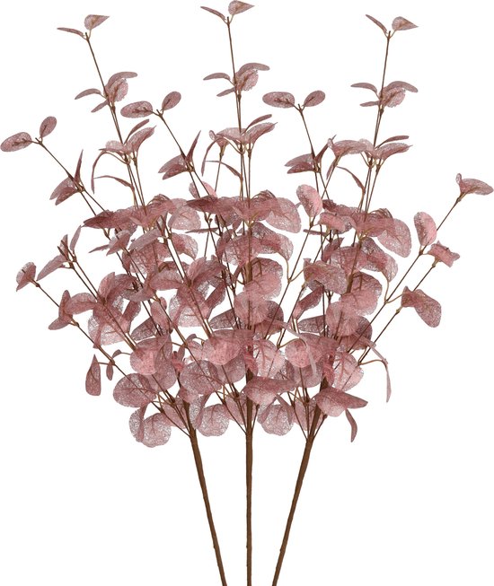 DK Design Kunstbloem Eucalyptus tak Silk - 3x - 72 cm - oudroze - losse steel - Kunst zijdebloemen