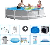 Piscine Intex Round Prism Frame - 305 x 76 cm - Grijs - Avec Pompe Couverture Solaire - Kit d'Entretien - Filtre - Tapis de sol - Aspirateur - Ladder - Bain de pieds - Pompe à Chaleur