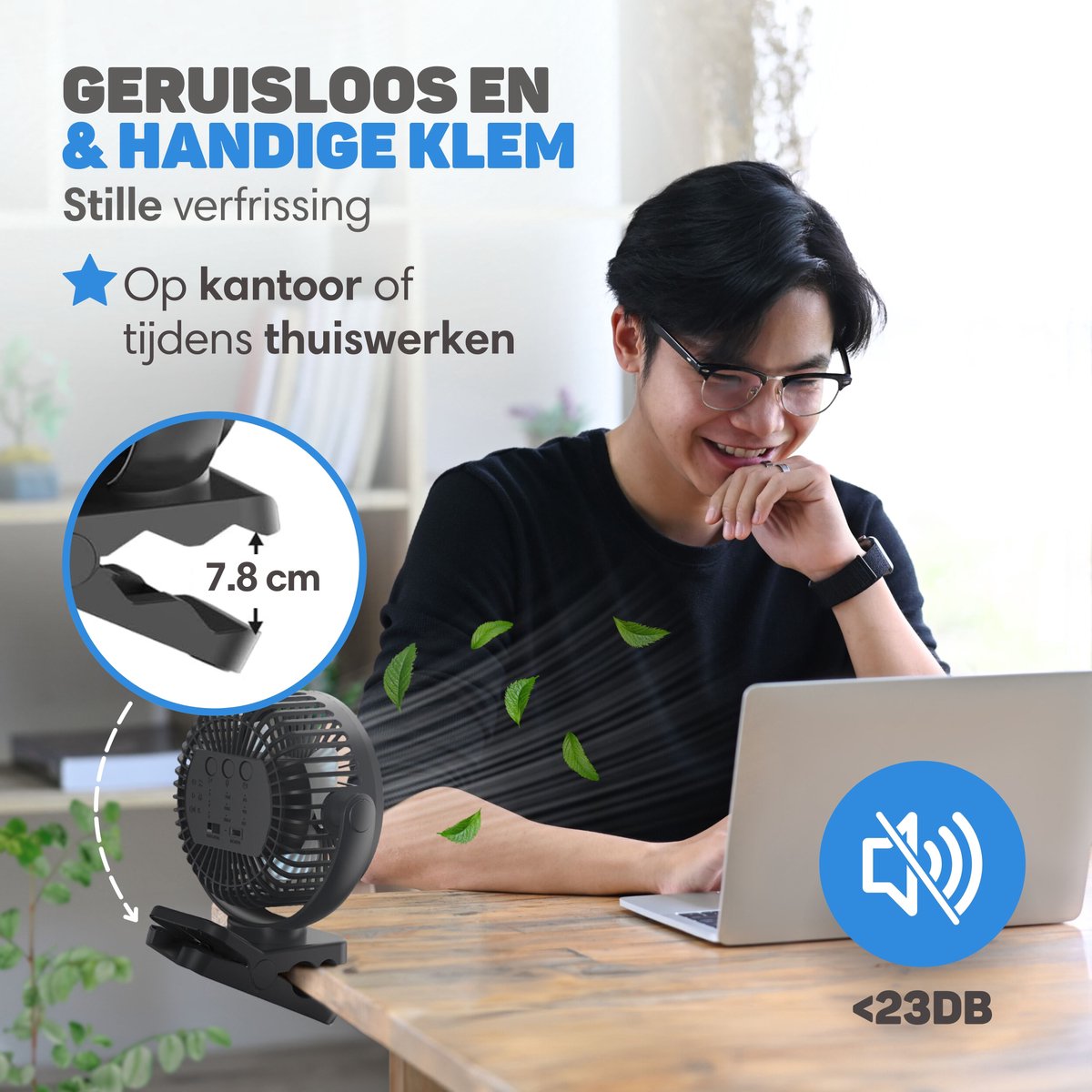 Vulpes Goods® Tech - Mini USB Ventilator PRO - Oplaadbare Tafelventilator - Stille Mini Fan met Afstandsbediening - Handventilator - Klein, Stil & Geruisloos - 3 Snelheden & Verlichting - 12000 mAh & Powerbank functie - Premium Zwart — afbeelding 8