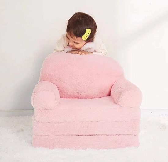 Pluizige Kinder Fauteuil Ligbed Uitvouwbaar Roze