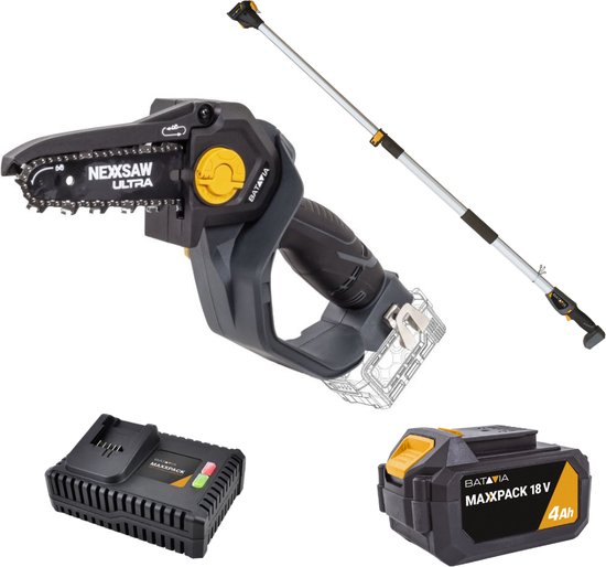 Foto: Mini kettingzaag 7 nexxsaw brushless 18v incl 4 0 ah accu 4 0 ah lader verlengsteel 124 cm met deze compacte kettingzaag zaag je snel en gemakkelijk takken en andere houtsoorten ultra