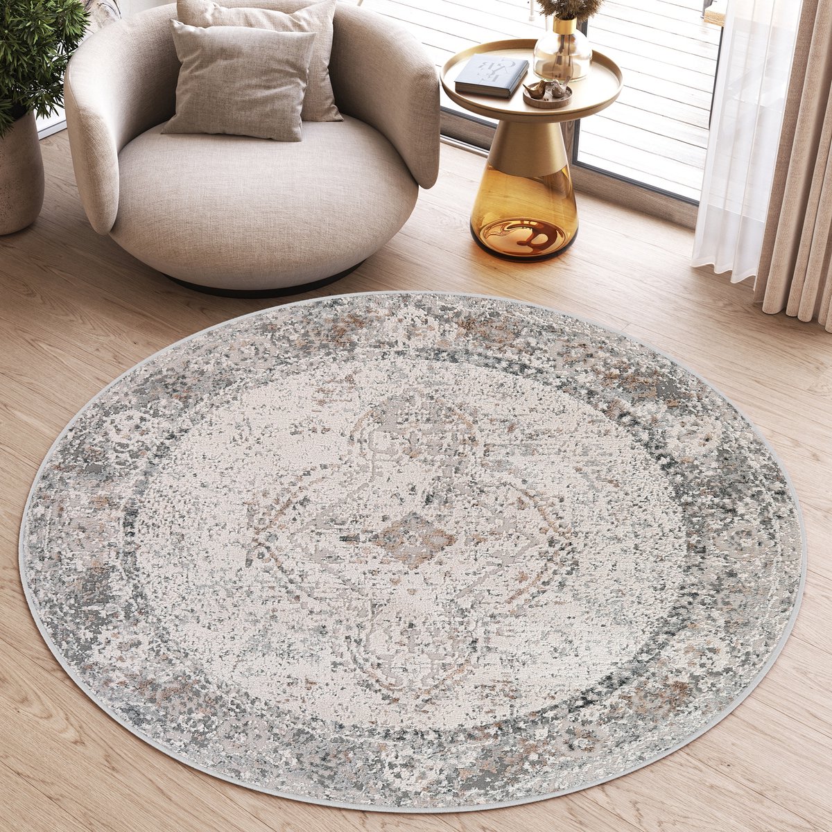 Tapiso Valley Rond Vloerkleed Beige Lichtgrijs Laagpolig Frame Tapijt Maat- 200x200