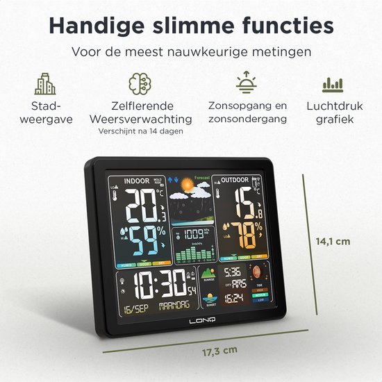 LONQ Weerstation Binnen en Buiten - 18 Functies - Draadloos Weerstation met Buitensensor - Thermometer Hygrometer - Kleurendisplay - DCF Gestuurde Klok